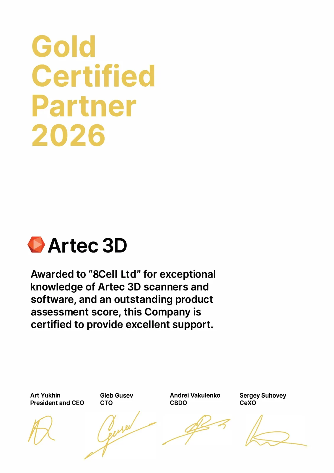 Artec 3D Gold Certified Partner 2026, 8-CELL