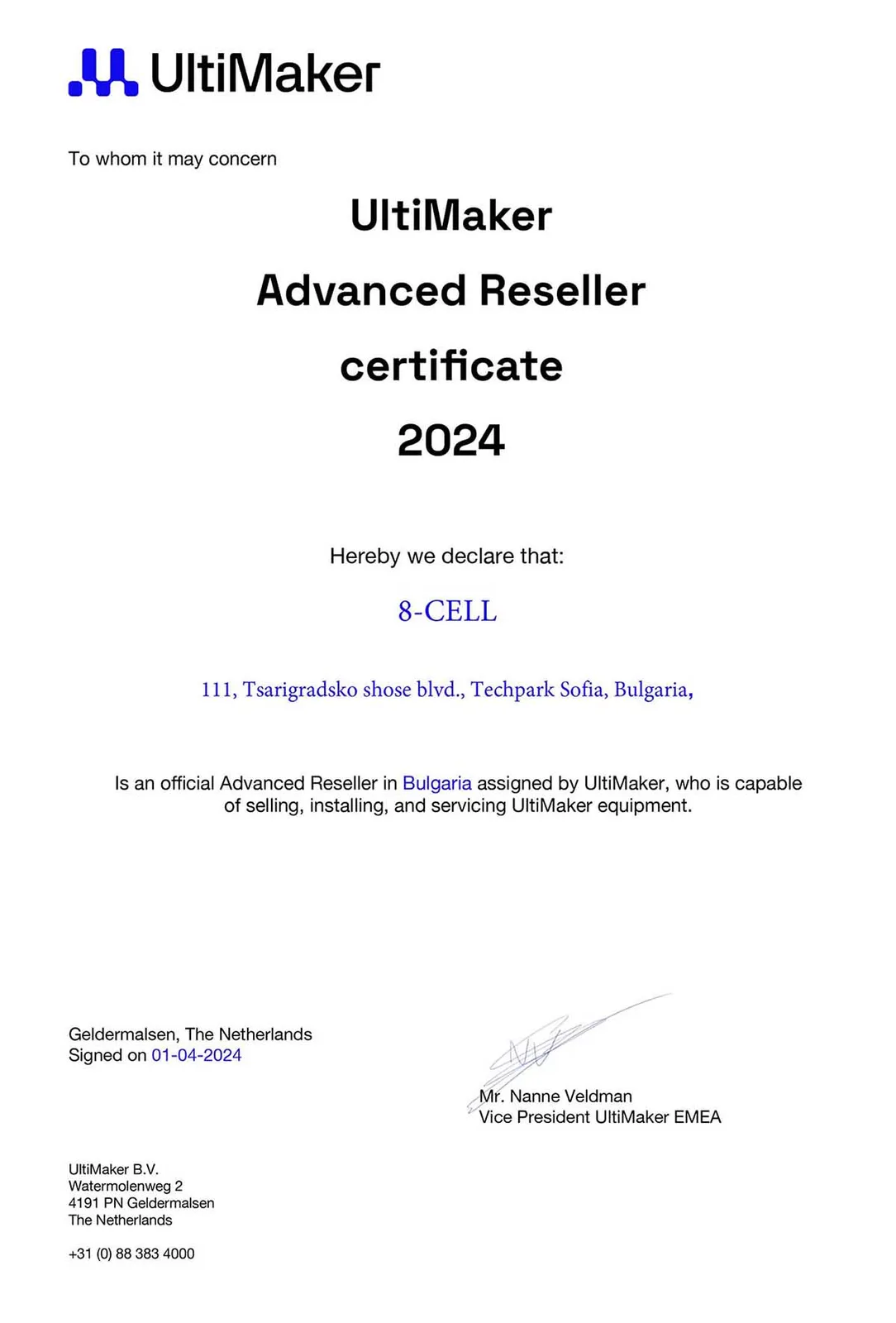 UltiMaker Advanced Reseller 2024, 8-CELL