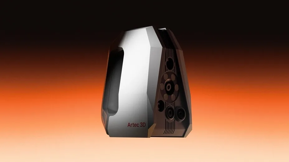 Artec Spider II върху оранжев и тъмен фон.